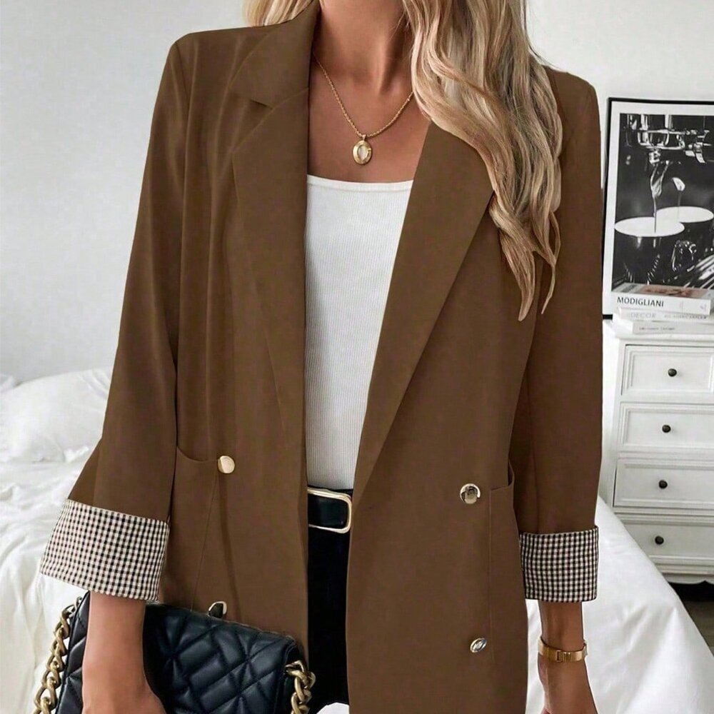 Coffee Brown Elegant Women's French Plaid Blazer - Picture 3 of 5